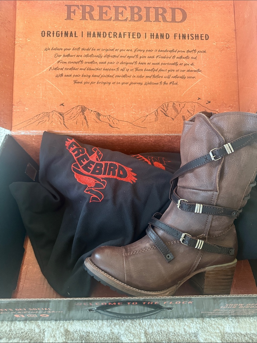 freebird Brown Leather Mid-Calf Boot with Black Strap Accents